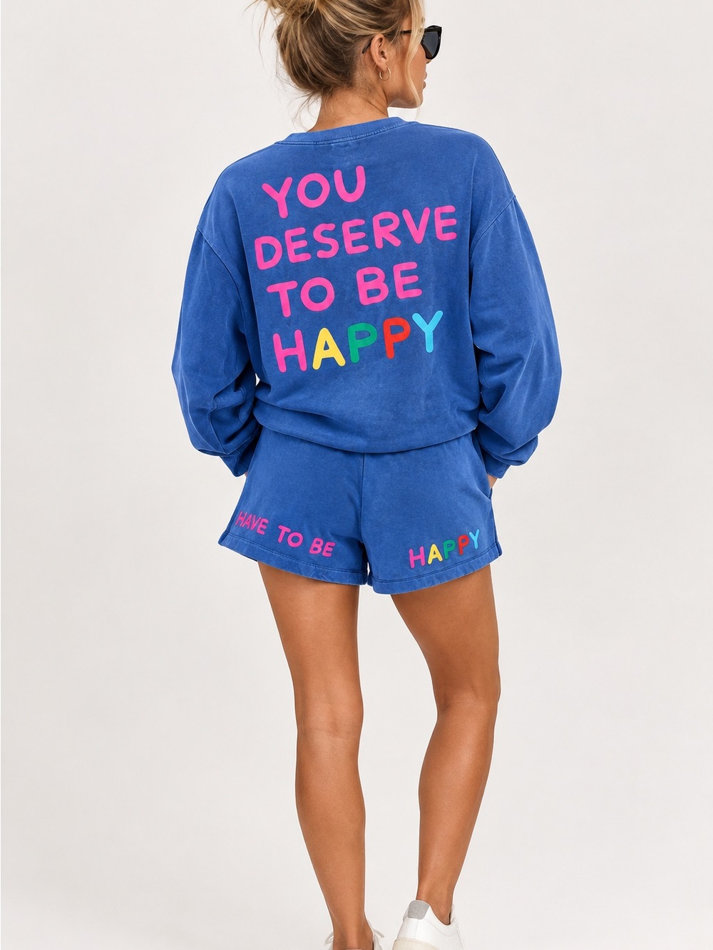 The Mayfair Group You Deserve To Be Happy Blue Crewneck Shorts Set L/XL M/L